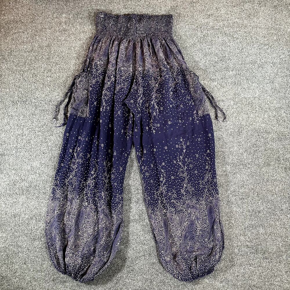 Mellow Mood Thai Rayon Harem Pants One Size Purple Paisley Boho Smocked Pockets